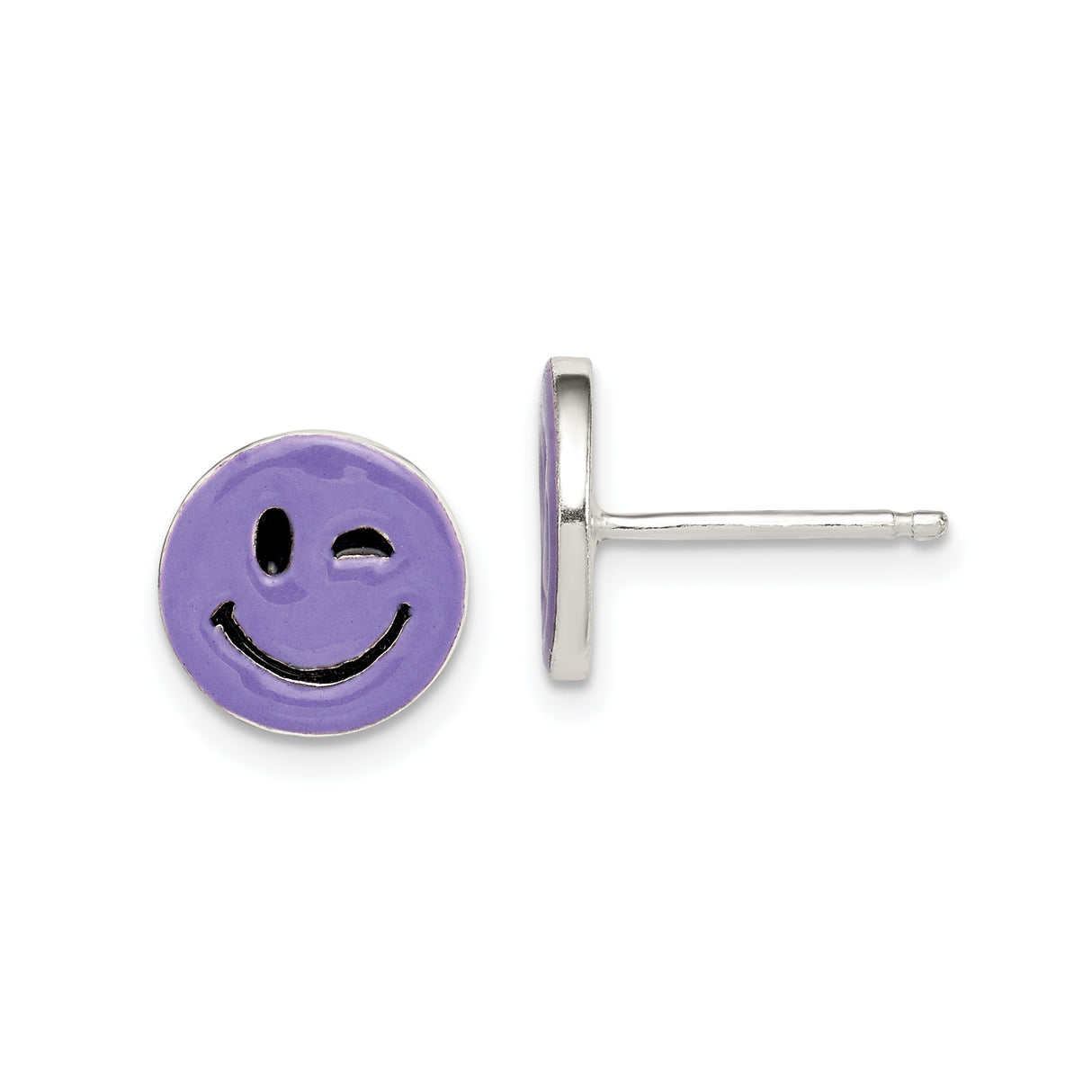 Sterling Silver Stud Earrings with Purple Enamel Winking Smiley Face Design