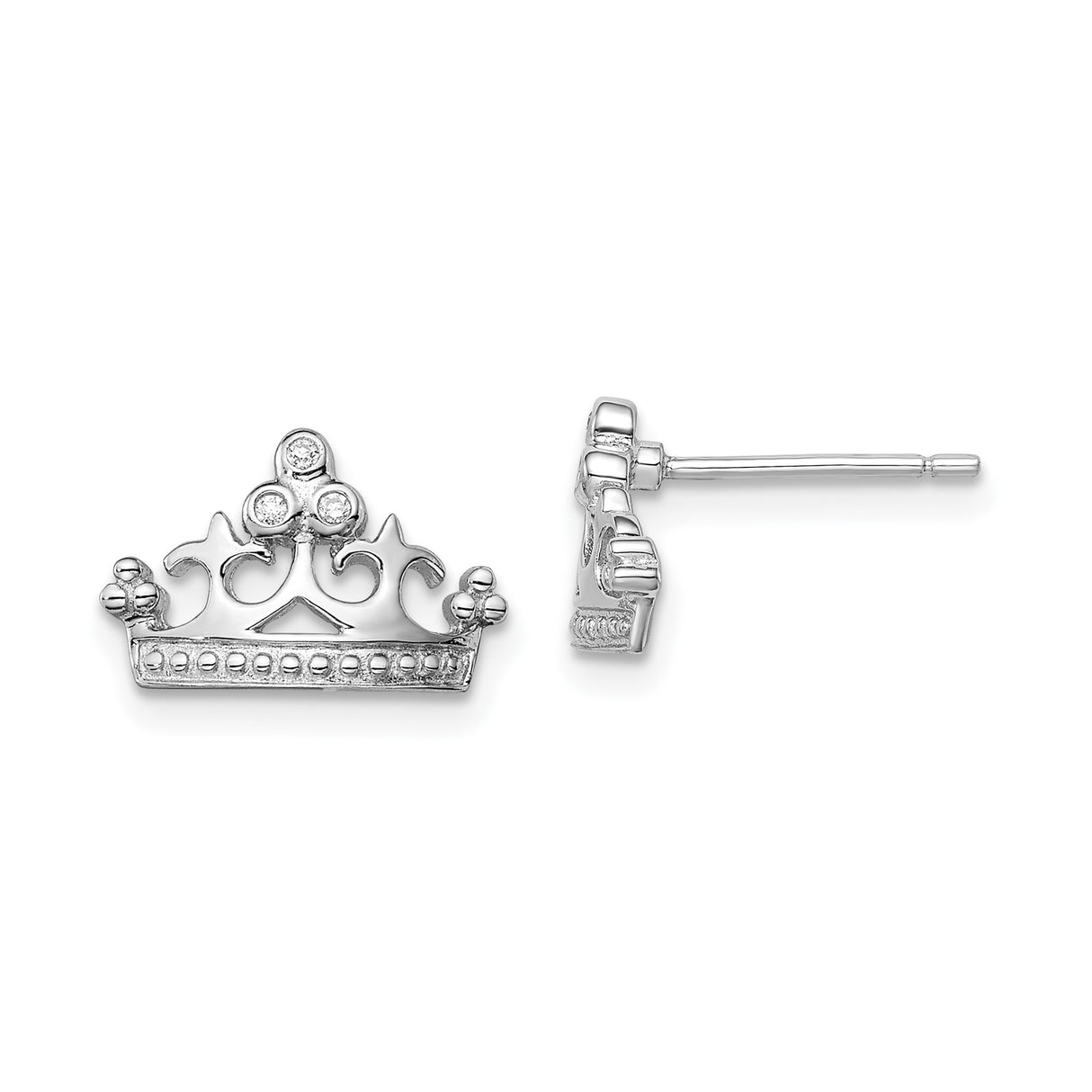 Sterling Silver Crown Stud Earrings with Cubic Zirconia, Ornate Regal Design for Women