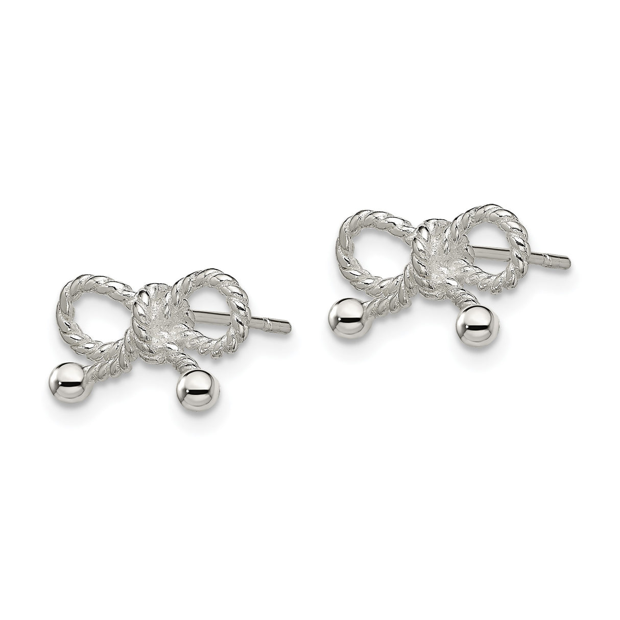 Sterling Silver Bow Stud Earrings with Twisted Rope Design and Polished Bead Tips