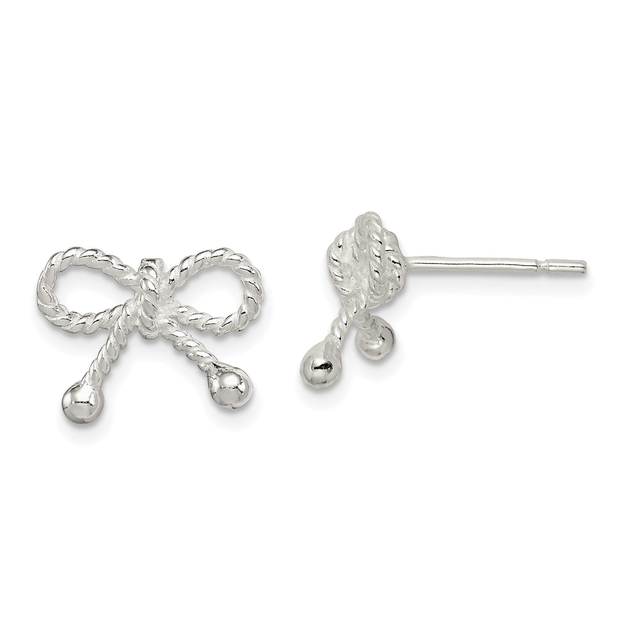 Sterling Silver Bow Stud Earrings with Twisted Rope Design and Polished Bead Tips
