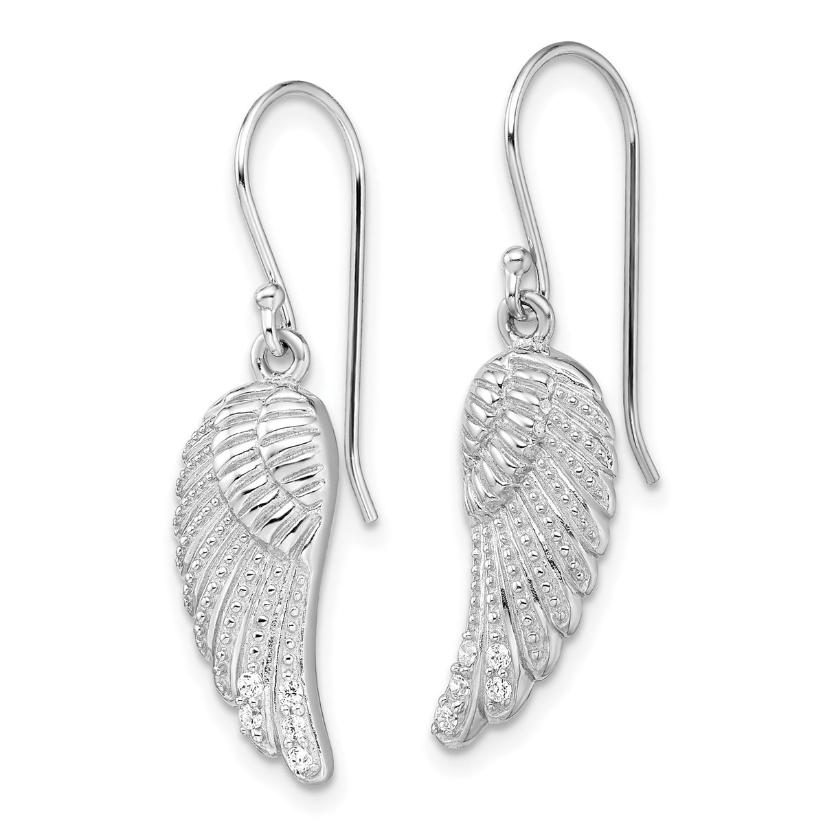 Sterling Silver Angel Wing Dangle Earrings with Cubic Zirconia, Feather Detail, Spiritual Jewelry
