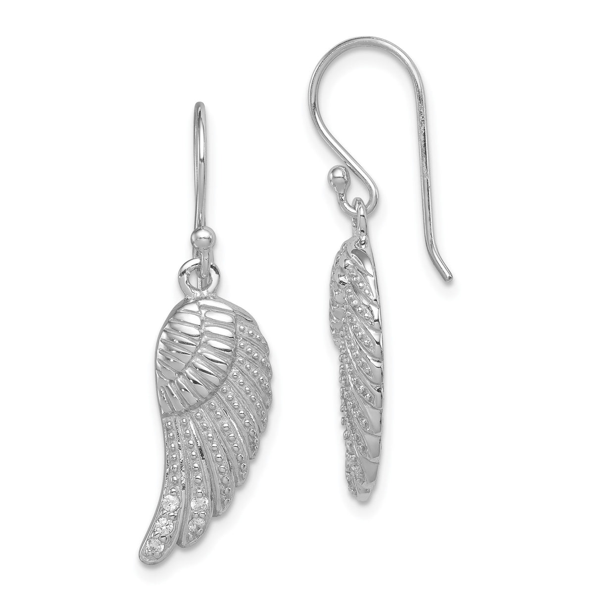 Sterling Silver Angel Wing Dangle Earrings with Cubic Zirconia, Feather Detail, Spiritual Jewelry