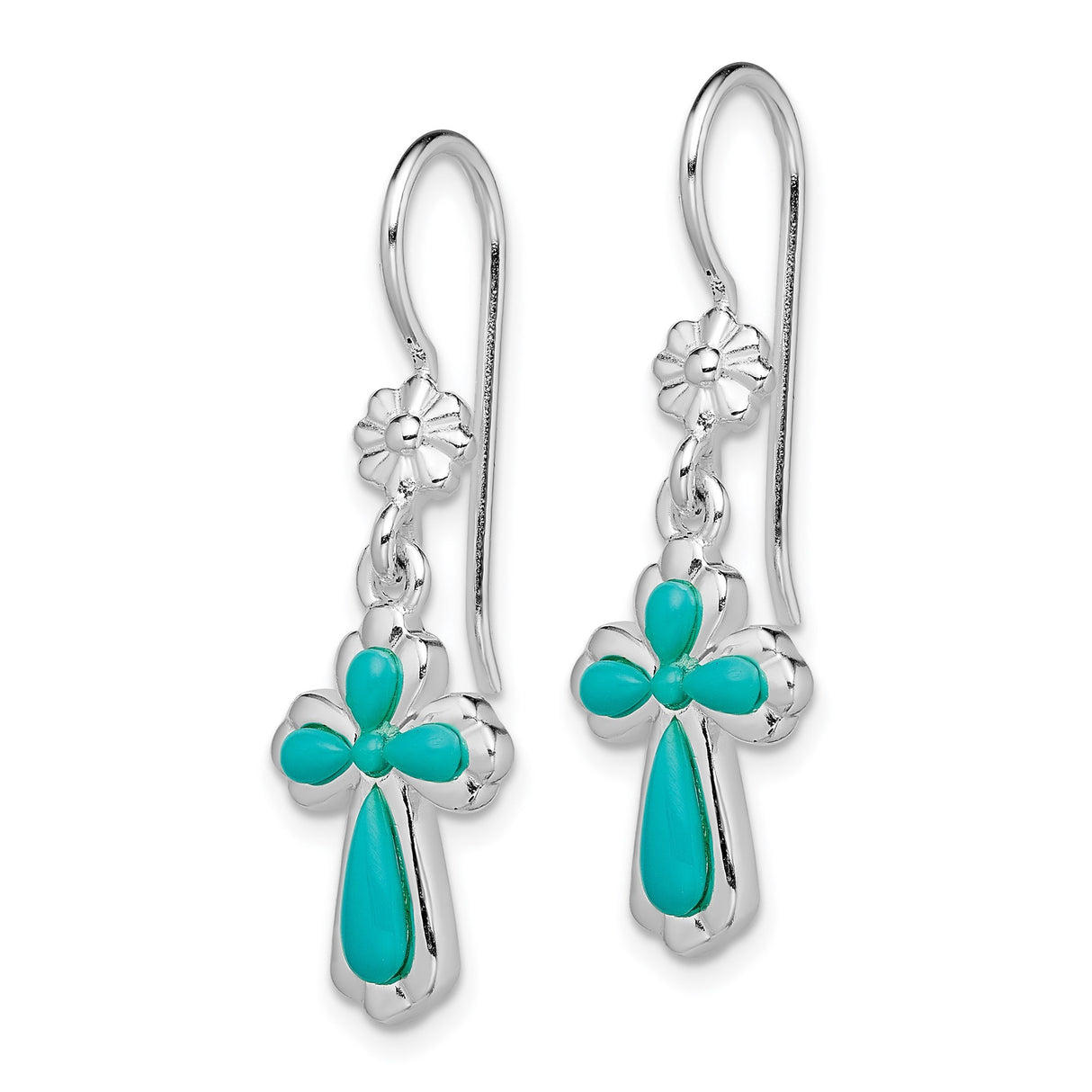 Sterling Silver Cross Dangle Earrings with Created Turquoise and Flower Detail