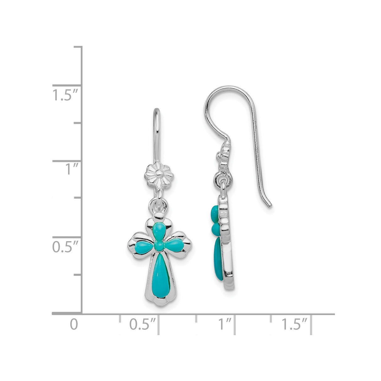 Sterling Silver Cross Dangle Earrings with Created Turquoise and Flower Detail