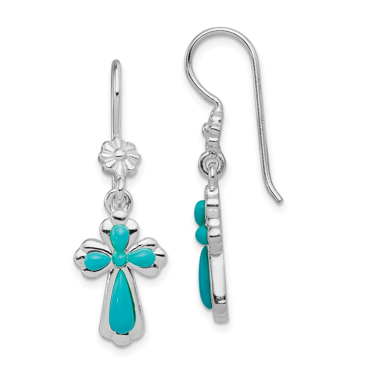 Sterling Silver Cross Dangle Earrings with Created Turquoise and Flower Detail