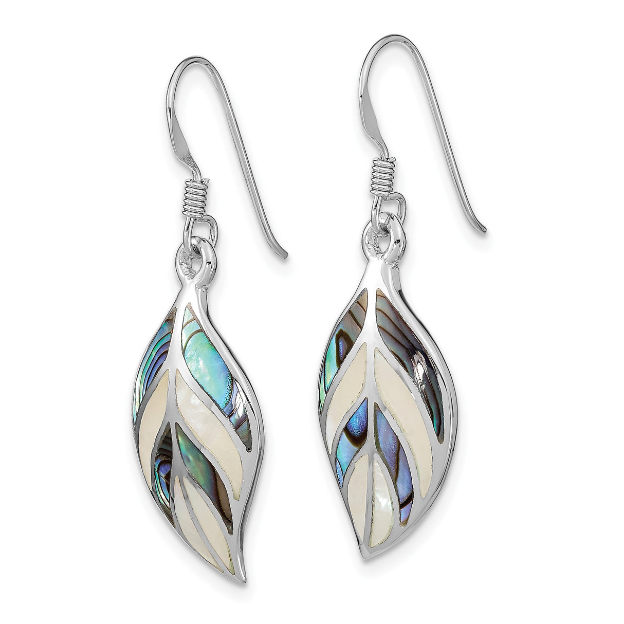 Sterling Silver Leaf Shaped Dangle Earrings with Mother of Pearl and Abalone