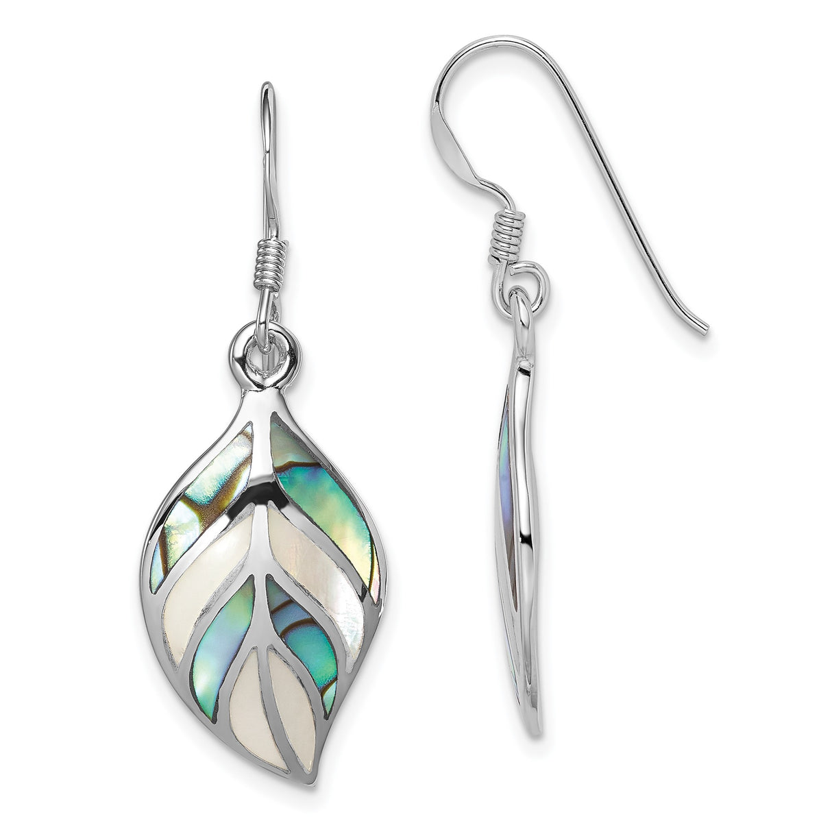 Sterling Silver Leaf Shaped Dangle Earrings with Mother of Pearl and Abalone