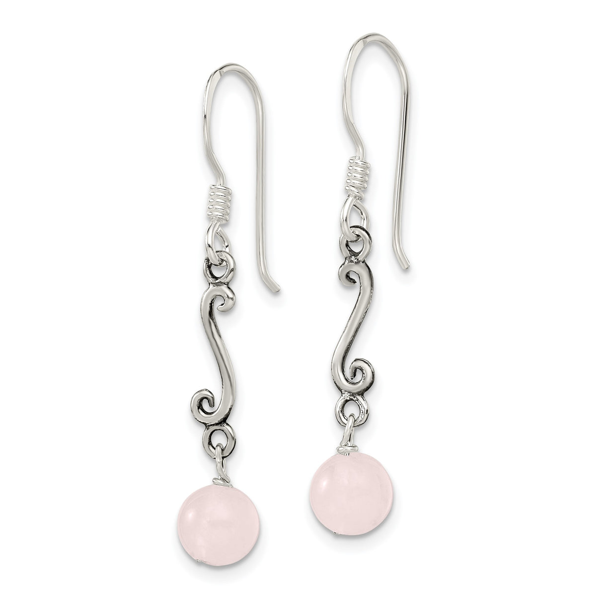 Sterling Silver Dangle Earrings with Pink Rose Quartz Beads, Handcrafted Bohemian Scrollwork Design