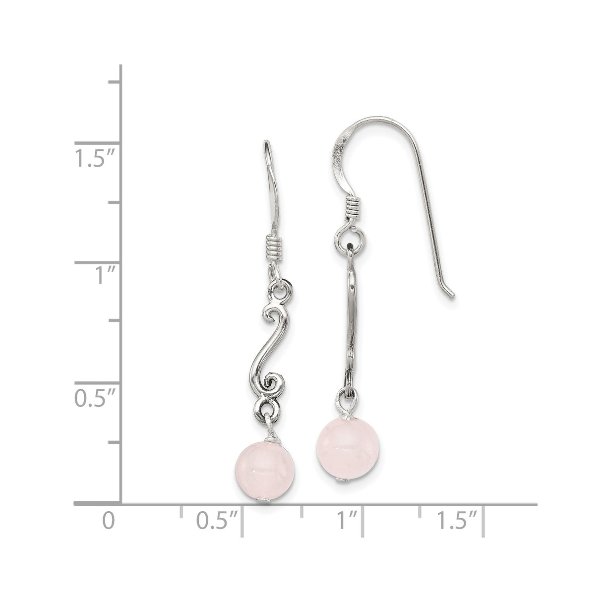 Sterling Silver Dangle Earrings with Pink Rose Quartz Beads, Handcrafted Bohemian Scrollwork Design