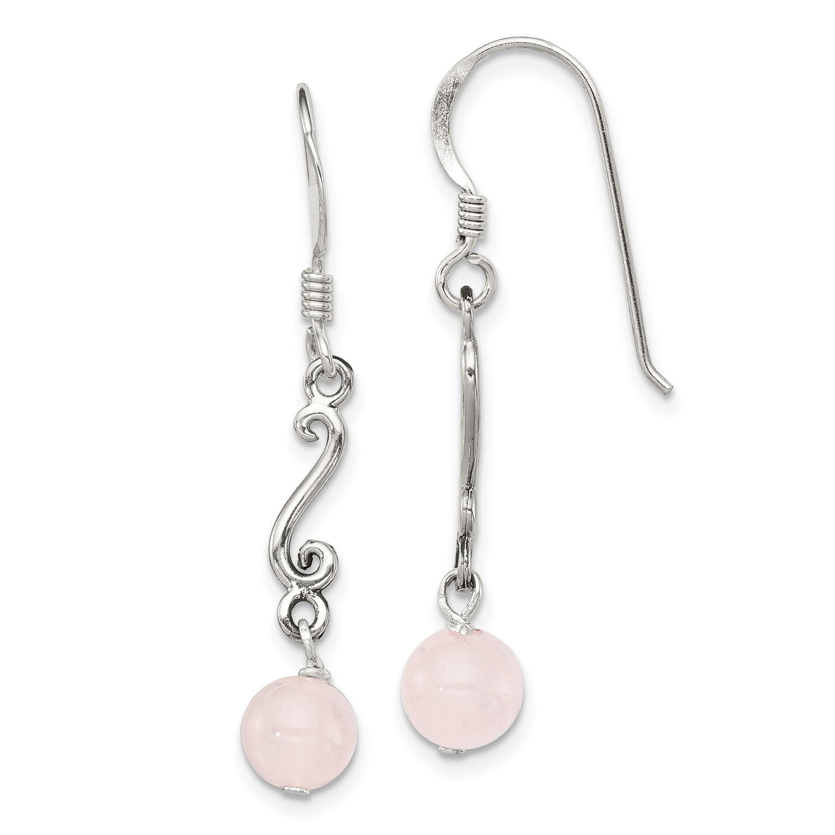 Sterling Silver Dangle Earrings with Pink Rose Quartz Beads, Handcrafted Bohemian Scrollwork Design