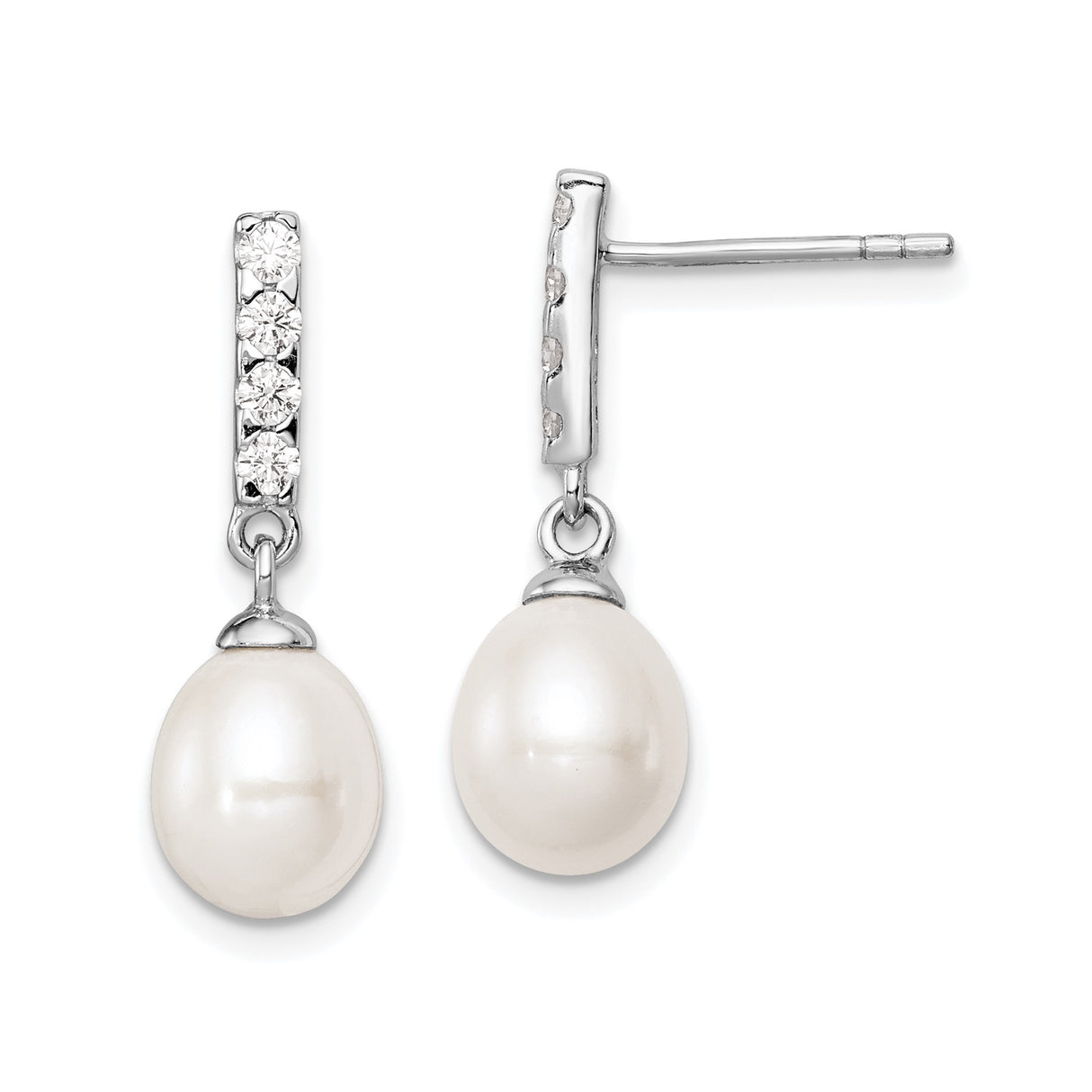 Sterling Silver Drop Earrings with Freshwater Pearls and Cubic Zirconia, Classic Dangle Design