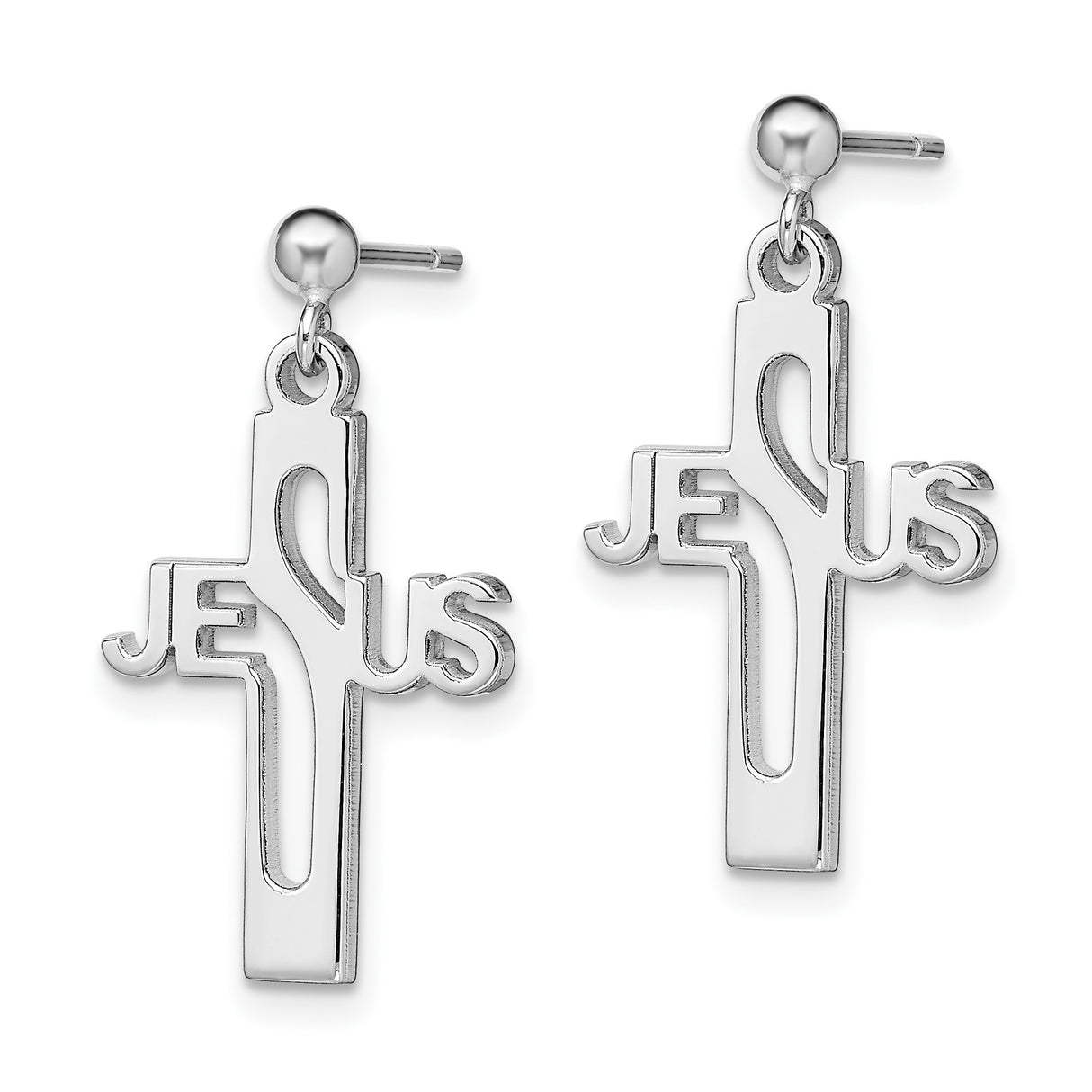 Sterling Silver Dangle Earrings with Jesus Cross Cut-Out Design and Polished Finish