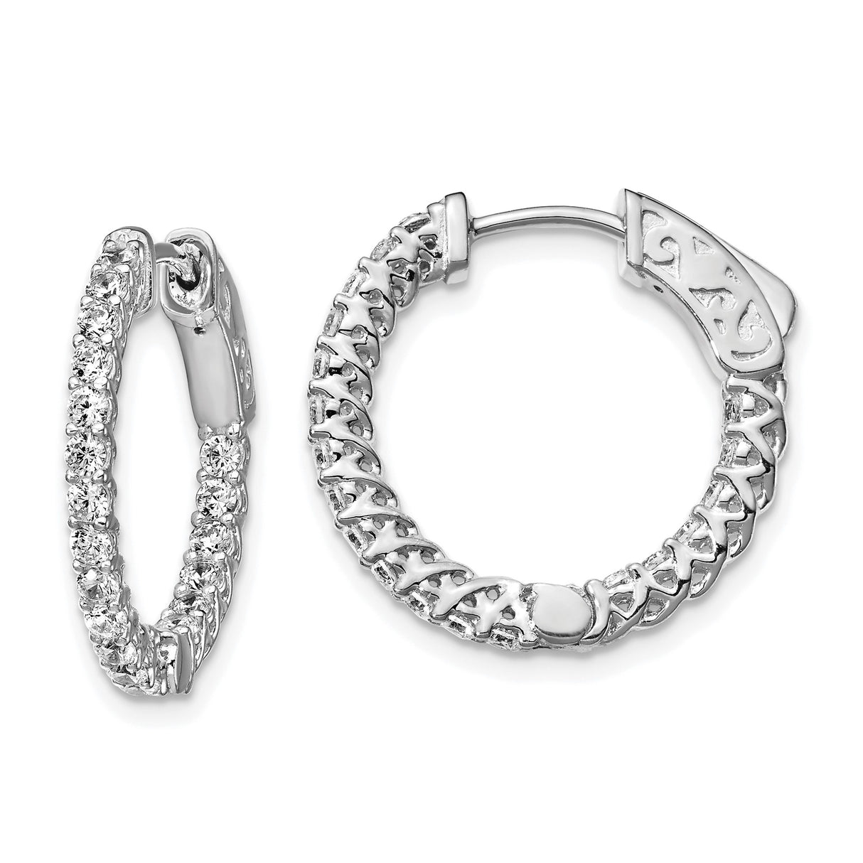 Sterling Silver Hoop Earrings with Cubic Zirconia and Scrollwork Design
