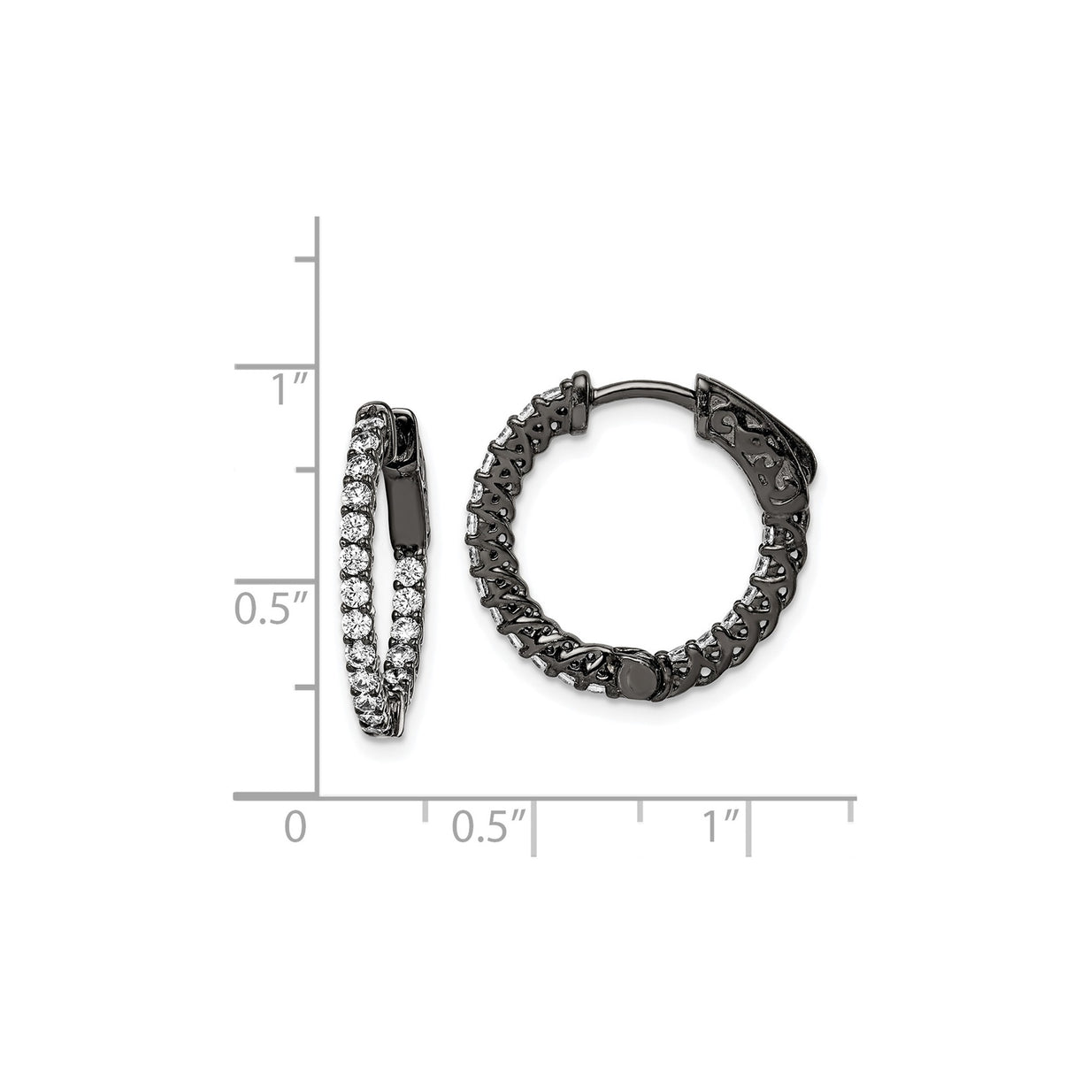 Sterling Silver Hoop Earrings with Cubic Zirconia, Black Plated, Scrollwork Back, Modern Dangle Style