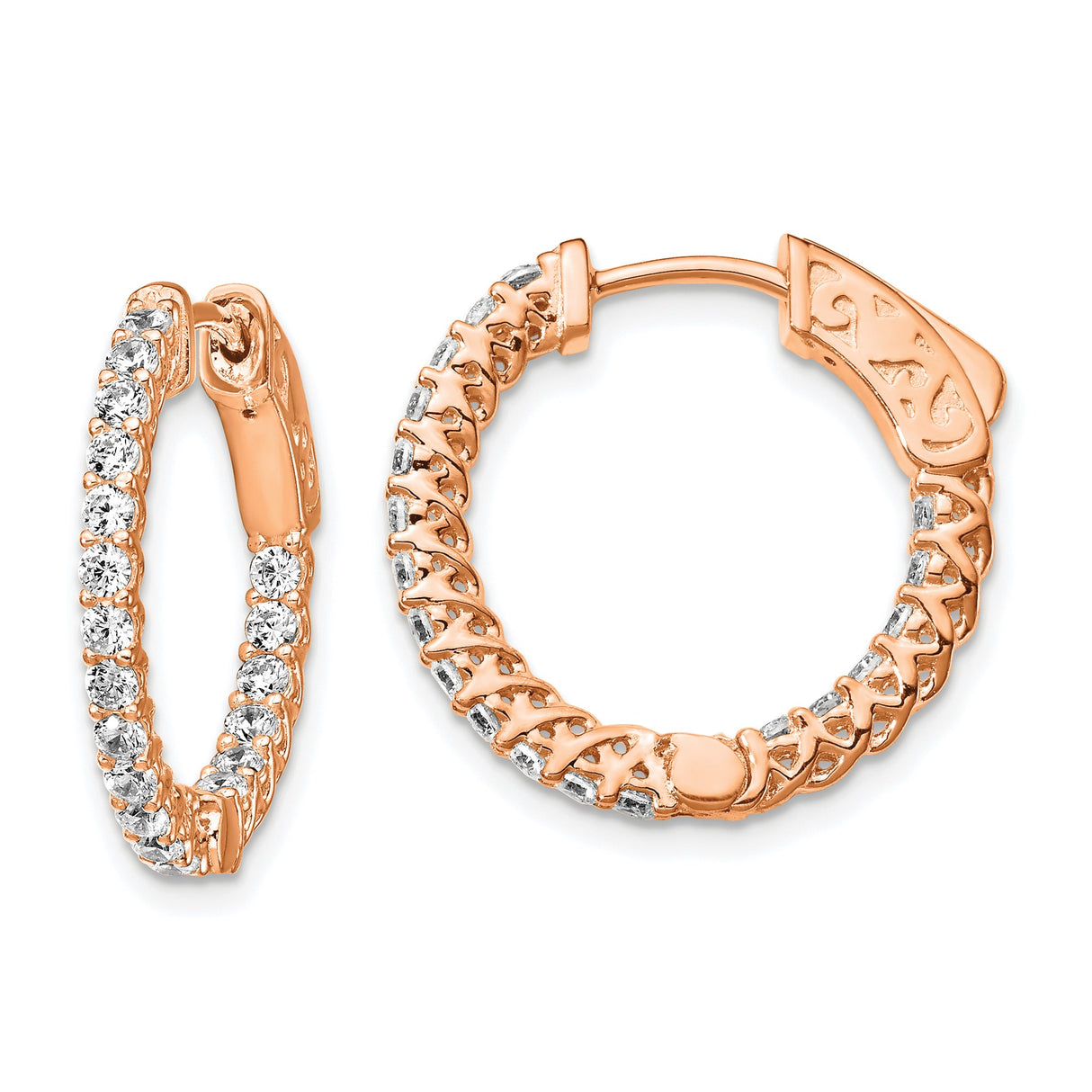 Sterling Silver Rose Gold Plated Hoop Earrings with Cubic Zirconia Pavé and Filigree Detail