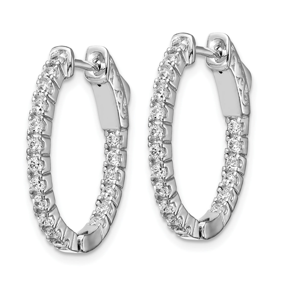 Sterling Silver Hoop Earrings with Cubic Zirconia, Oval Shape and Filigree Clasp Design