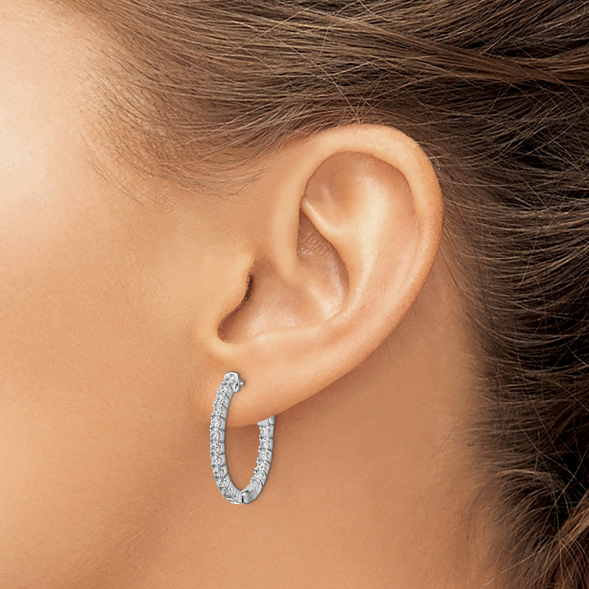 Sterling Silver Hoop Earrings with Cubic Zirconia, Oval Shape and Filigree Clasp Design