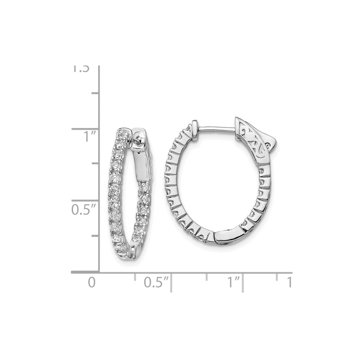 Sterling Silver Hoop Earrings with Cubic Zirconia, Oval Shape and Filigree Clasp Design