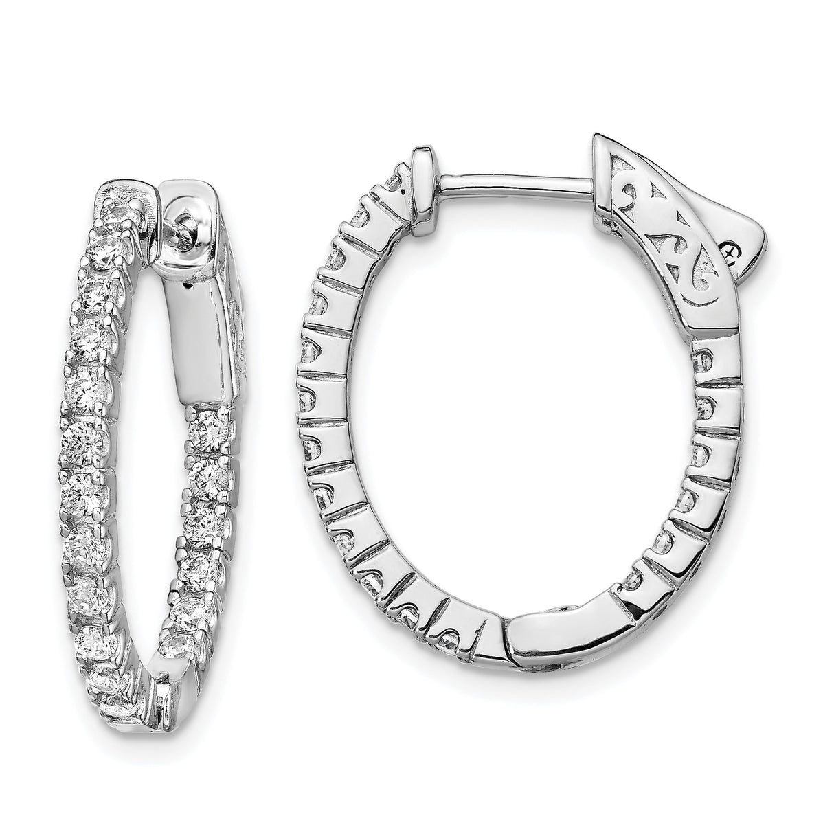 Sterling Silver Hoop Earrings with Cubic Zirconia, Oval Shape and Filigree Clasp Design
