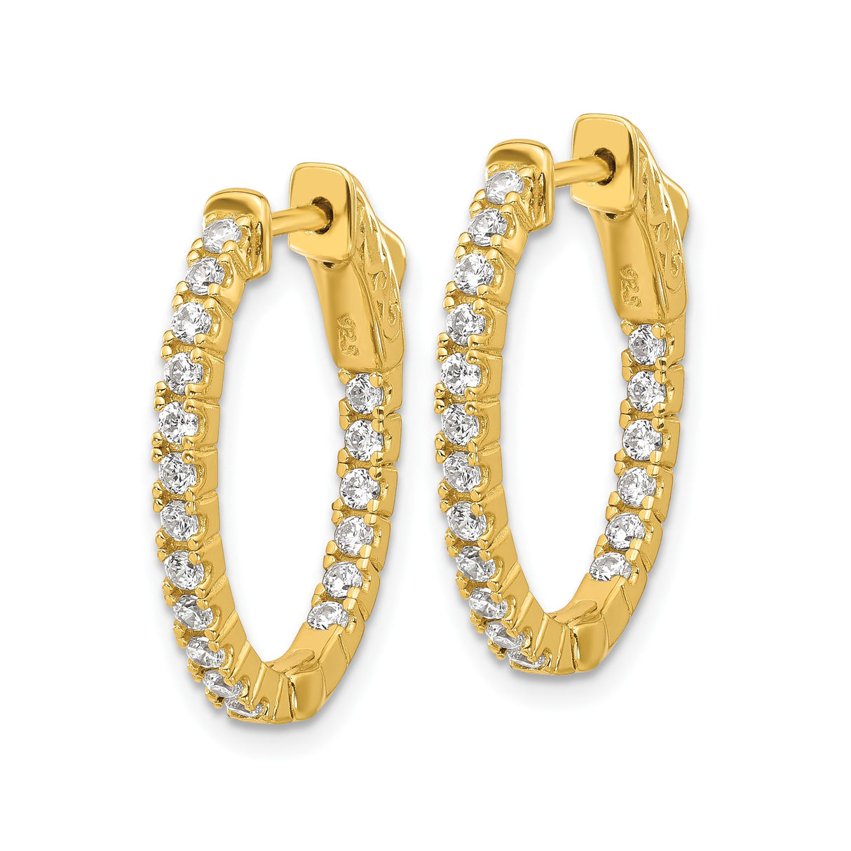 Sterling Silver Hoop Earrings with Cubic Zirconia, Gold Plated, Round Cut, Latch Closure
