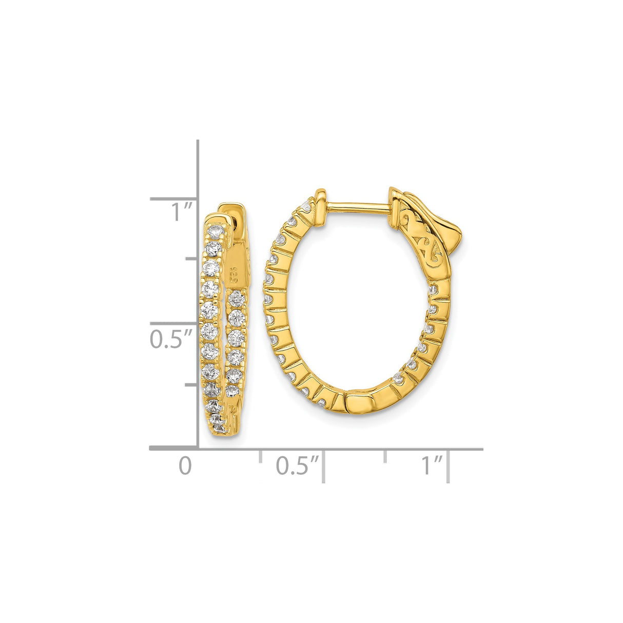 Sterling Silver Hoop Earrings with Cubic Zirconia, Gold Plated, Round Cut, Latch Closure