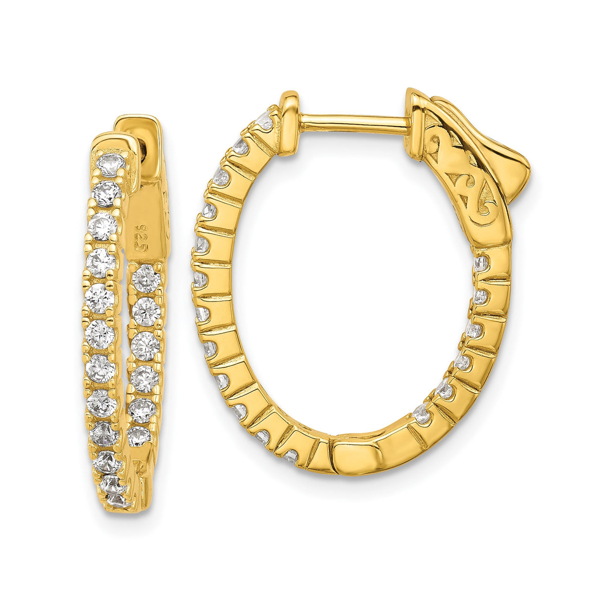 Sterling Silver Hoop Earrings with Cubic Zirconia, Gold Plated, Round Cut, Latch Closure