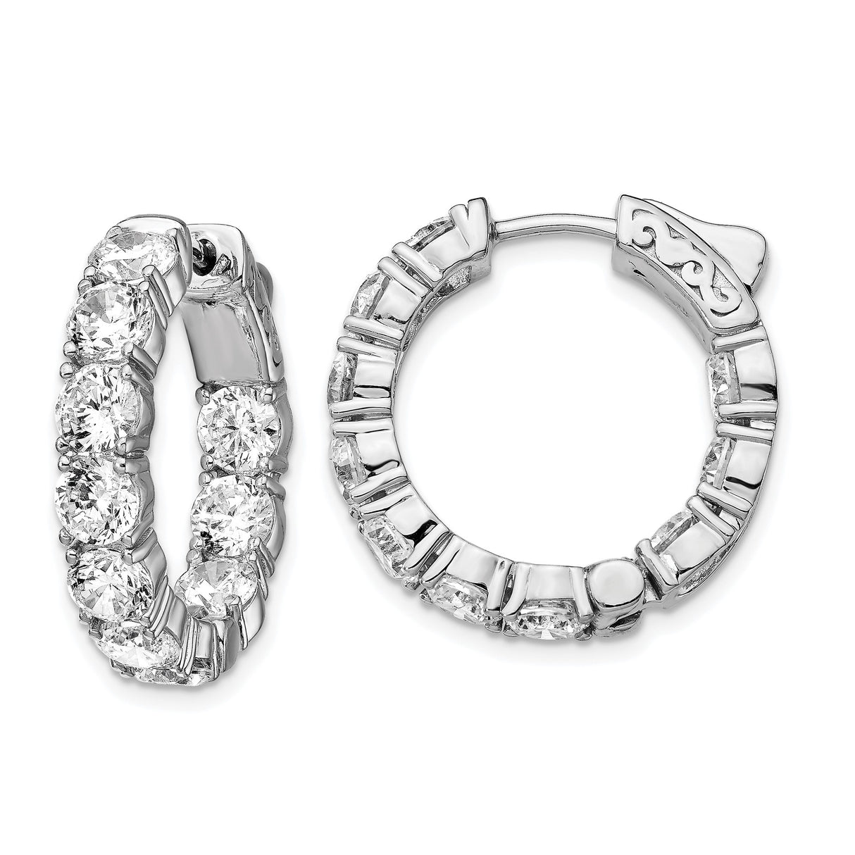 Sterling Silver Hoop Earrings with Round Cubic Zirconia, Inside-Out Shared Prong Setting