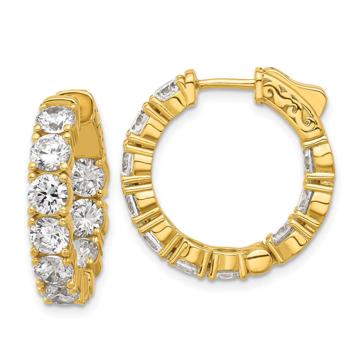 Sterling Silver Gold Plated Hoop Earrings with Round Cut Cubic Zirconia in Prong Setting