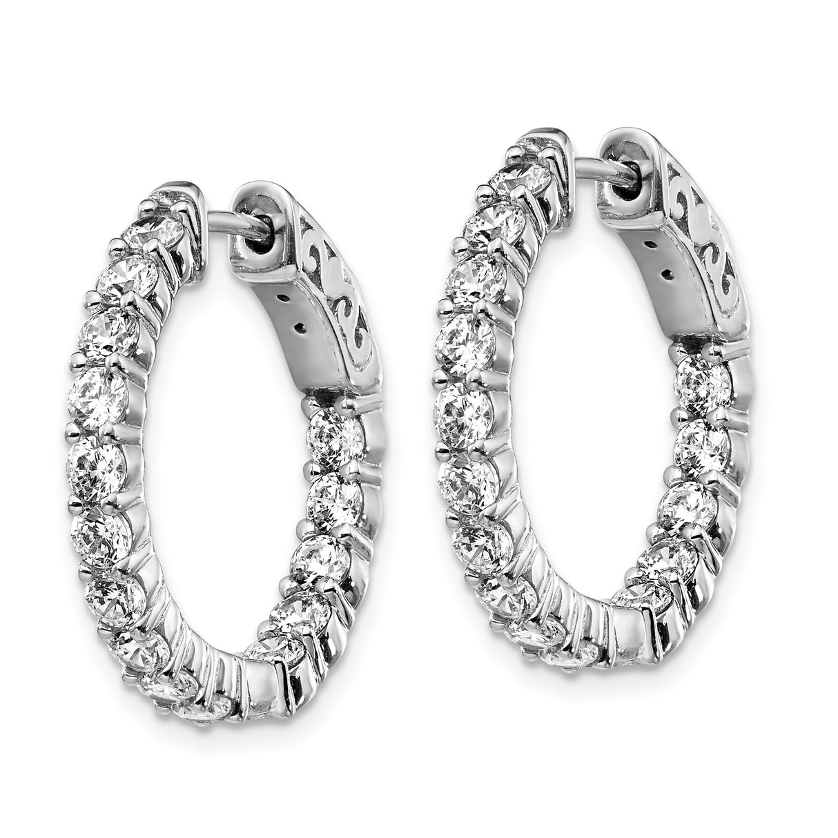 Sterling Silver Hoop Earrings with Cubic Zirconia, Shared Prong Setting, Scroll Clasp