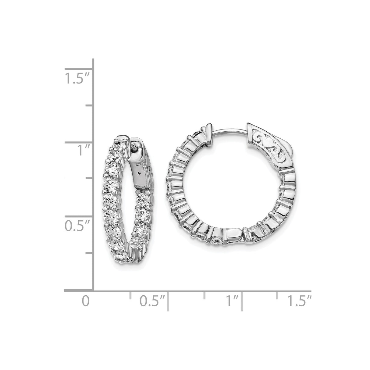 Sterling Silver Hoop Earrings with Cubic Zirconia, Shared Prong Setting, Scroll Clasp