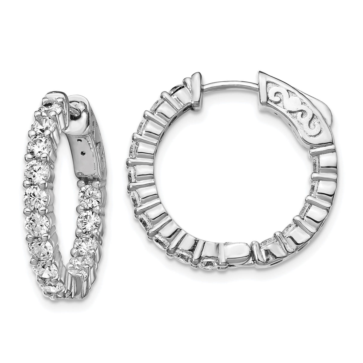Sterling Silver Hoop Earrings with Cubic Zirconia, Shared Prong Setting, Scroll Clasp