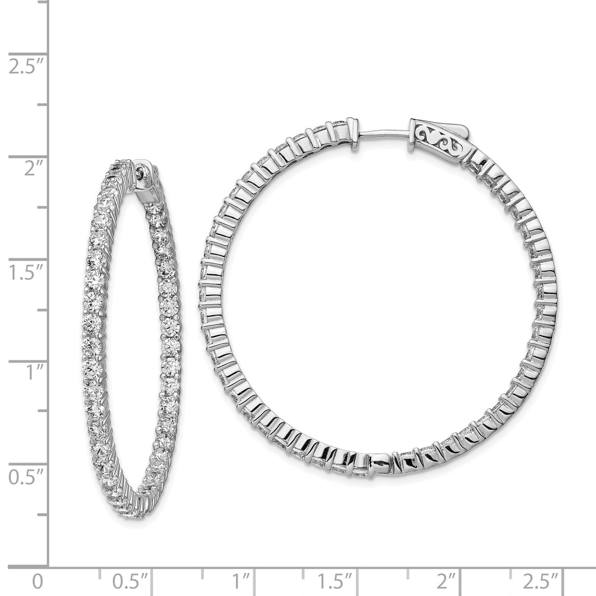Sterling Silver Hoop Earrings with Cubic Zirconia Inlay, Scroll Detail, Locking Clasp