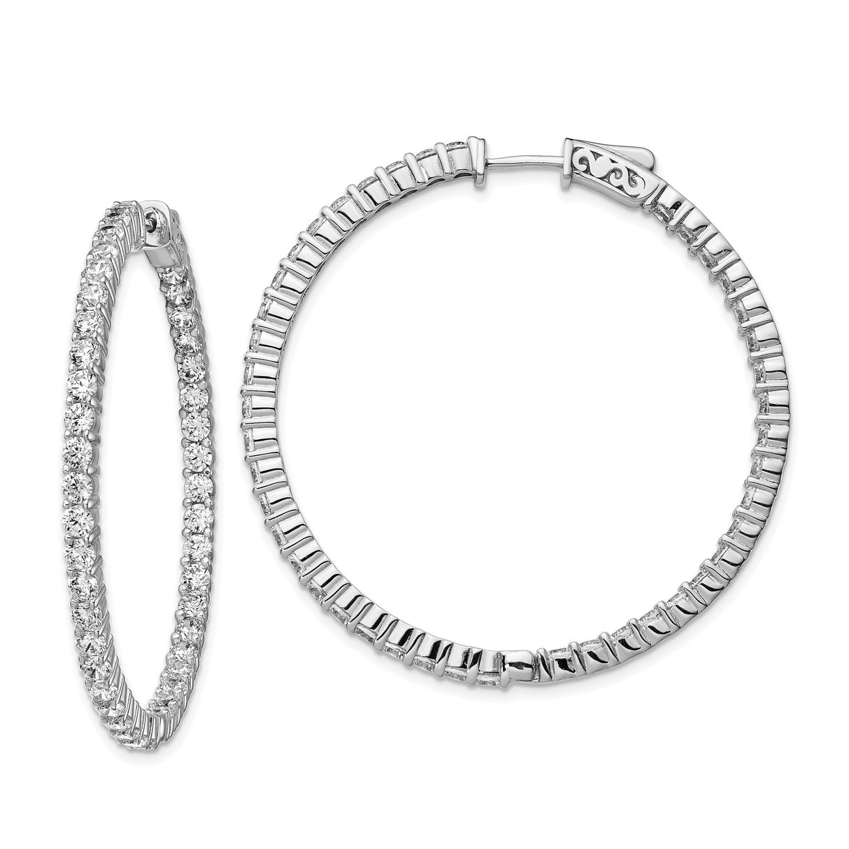 Sterling Silver Hoop Earrings with Cubic Zirconia Inlay, Scroll Detail, Locking Clasp