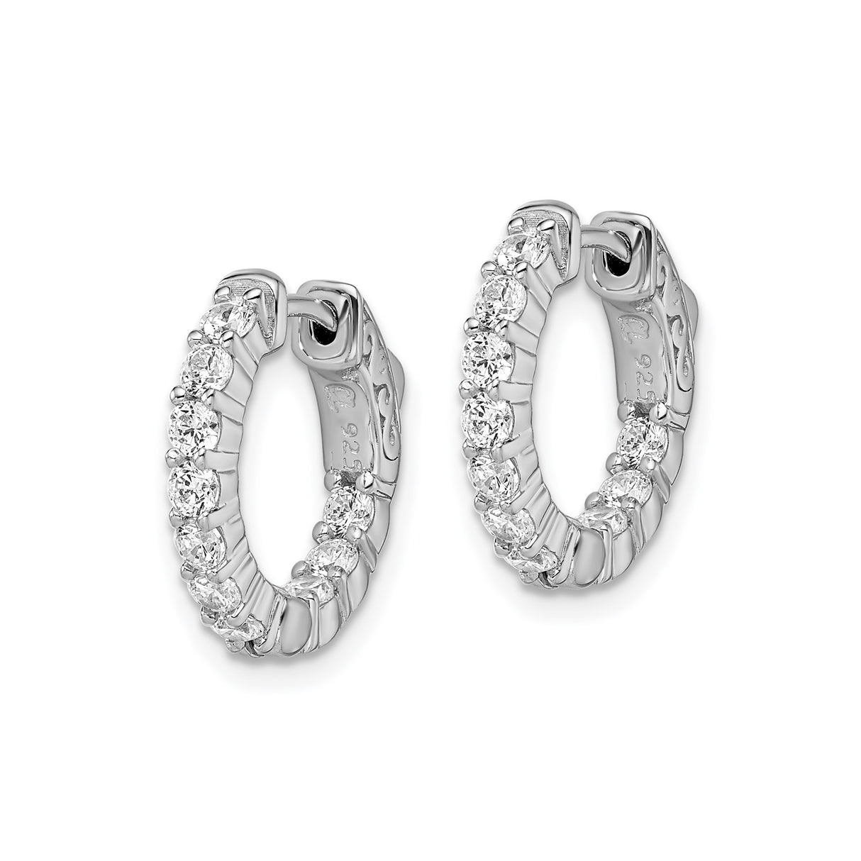 Sterling Silver Hoop Earrings with Cubic Zirconia, Prong Set, Scroll Detail, Hinged Closure