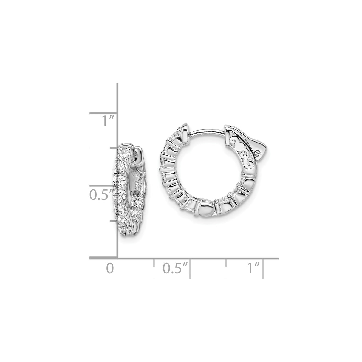 Sterling Silver Hoop Earrings with Cubic Zirconia, Prong Set, Scroll Detail, Hinged Closure