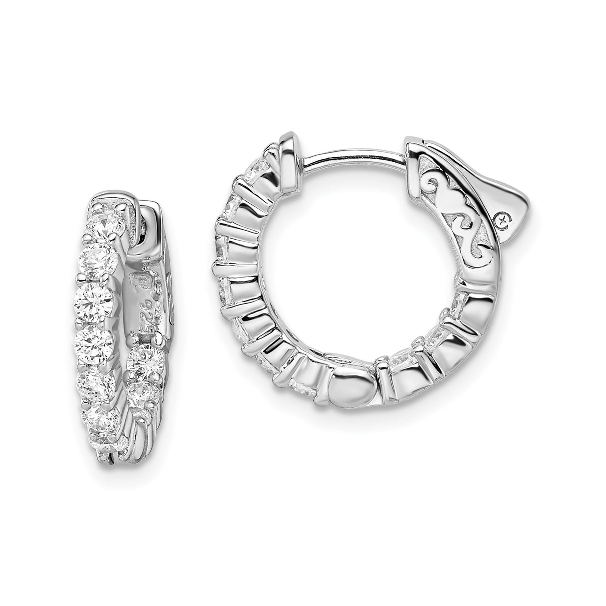 Sterling Silver Hoop Earrings with Cubic Zirconia, Prong Set, Scroll Detail, Hinged Closure