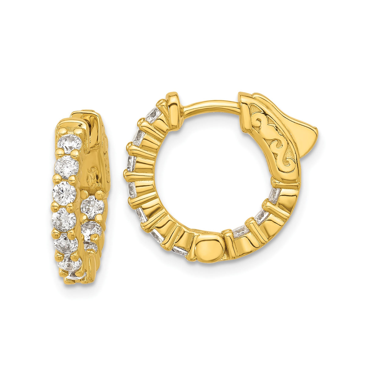 Sterling Silver Hoop Earrings with Round Cut Cubic Zirconia, Scroll Design, Hinged Back