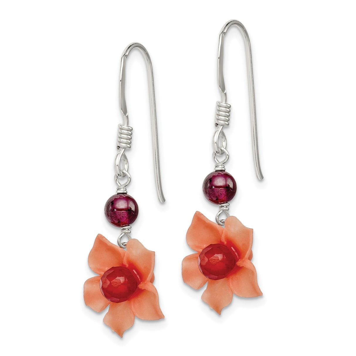 Sterling Silver Dangle Earrings with Garnet and Carnelian, Floral Boho Style for Women