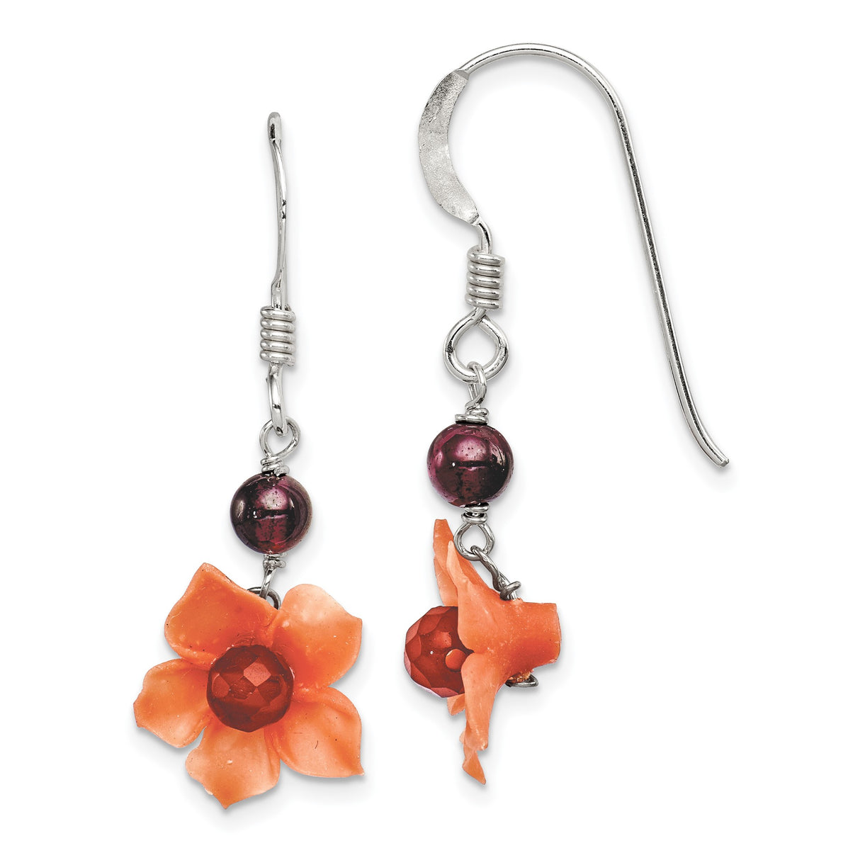 Sterling Silver Dangle Earrings with Garnet and Carnelian, Floral Boho Style for Women
