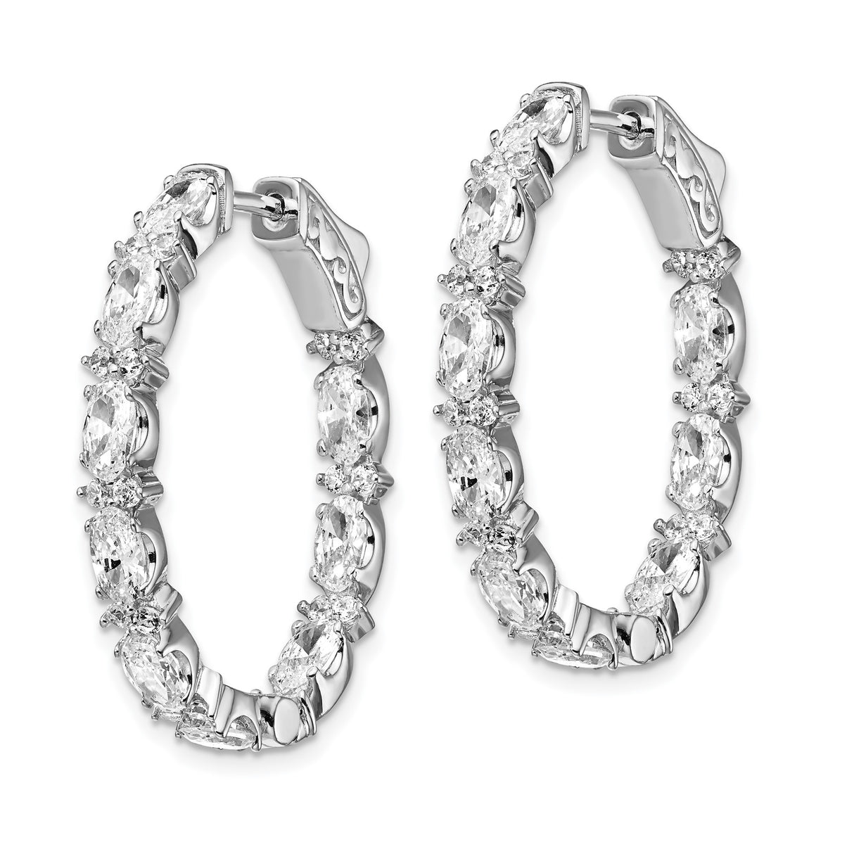 Sterling Silver Hoop Earrings with Prong Set Cubic Zirconia, Front Facing Design for Women
