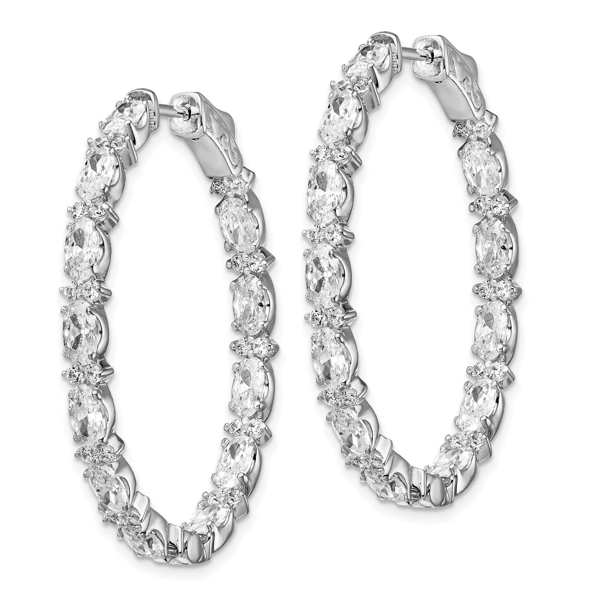 Sterling Silver Oval Hoop Earrings with Marquise and Round Cubic Zirconia Stones