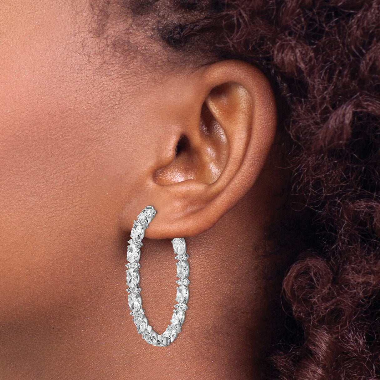 Sterling Silver Oval Hoop Earrings with Marquise and Round Cubic Zirconia Stones