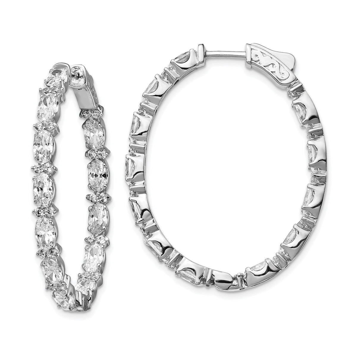 Sterling Silver Oval Hoop Earrings with Marquise and Round Cubic Zirconia Stones
