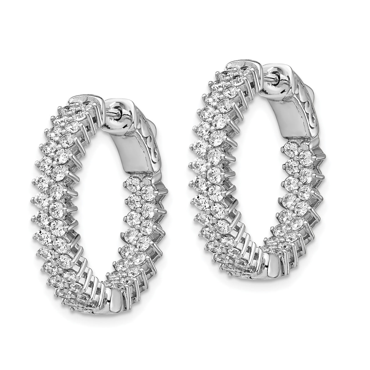 Sterling Silver Hoop Earrings with Double Row Cubic Zirconia, Prong Set, Classic Style for Women