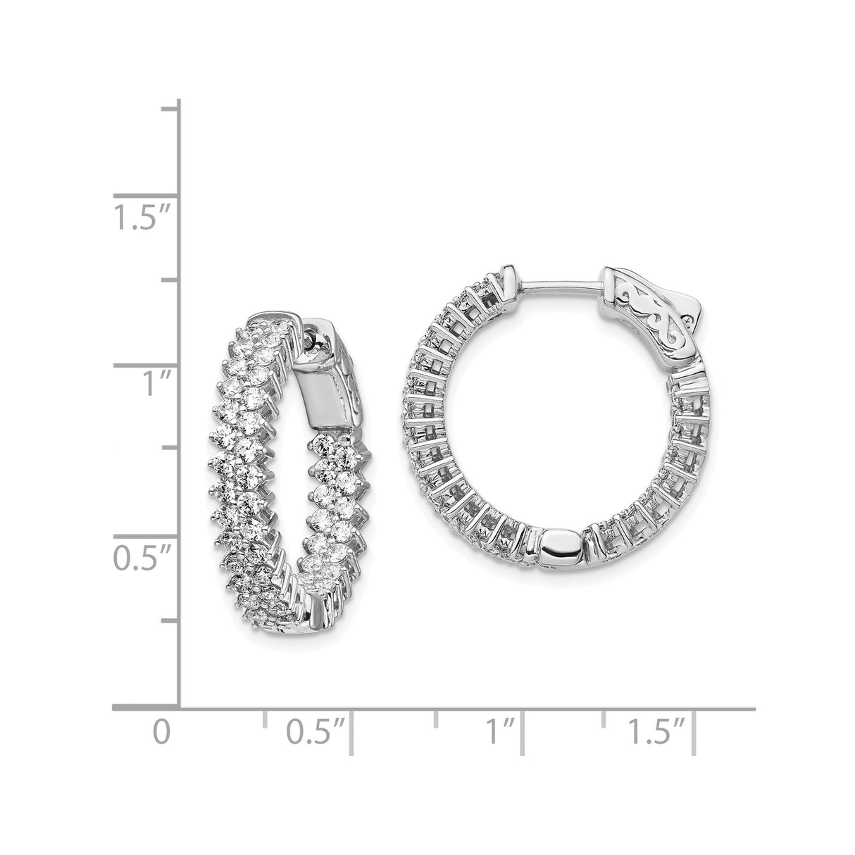 Sterling Silver Hoop Earrings with Double Row Cubic Zirconia, Prong Set, Classic Style for Women