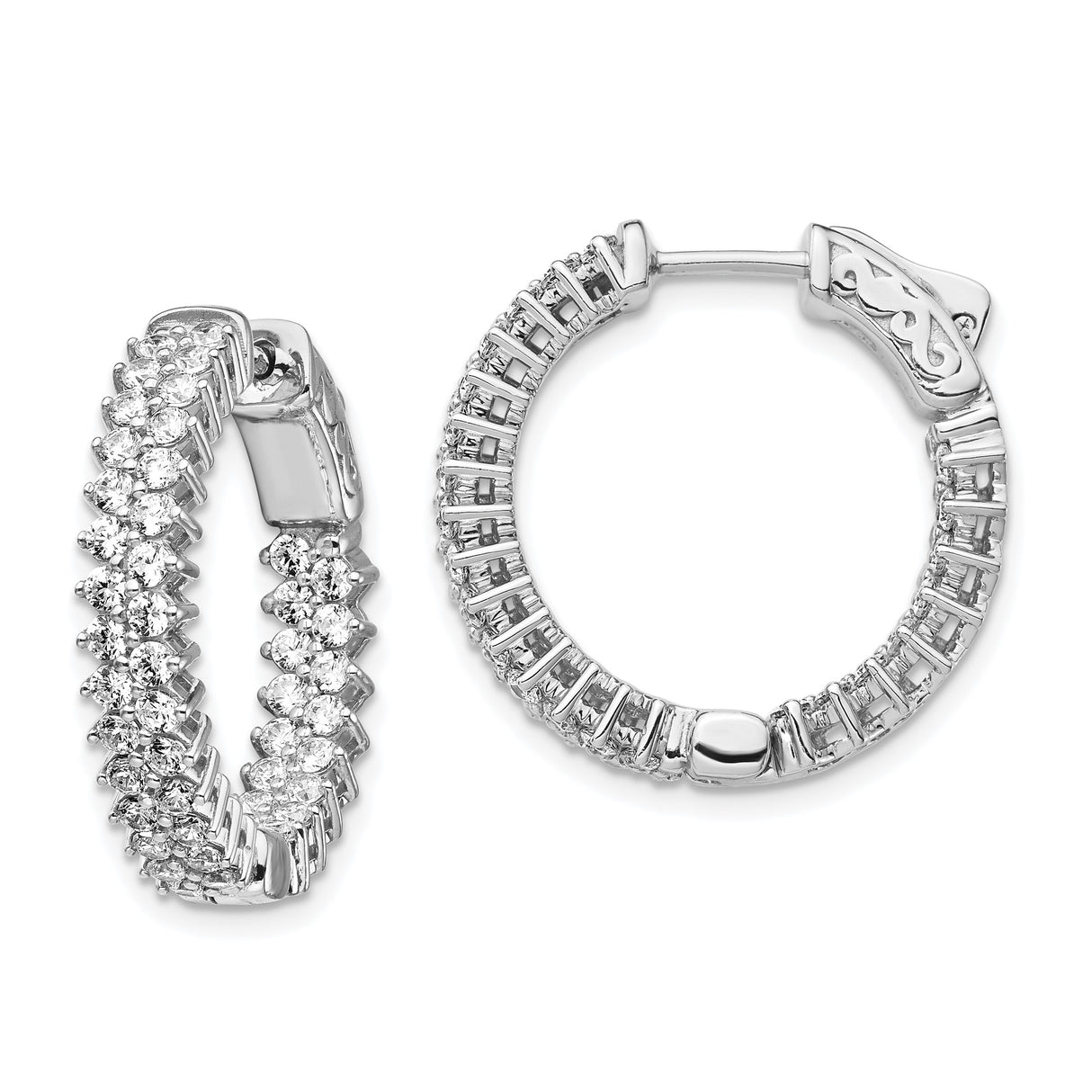 Sterling Silver Hoop Earrings with Double Row Cubic Zirconia, Prong Set, Classic Style for Women