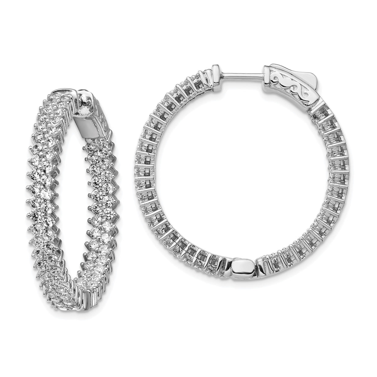 Sterling Silver Hoop Earrings with Double Row Round Cut Cubic Zirconia in Pavé Setting