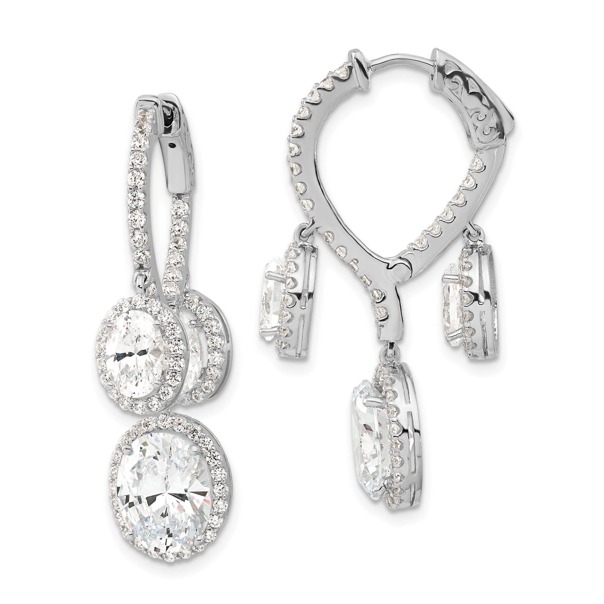 Sterling Silver Dangle Earrings with Oval Cut Cubic Zirconia and Pavé Accents