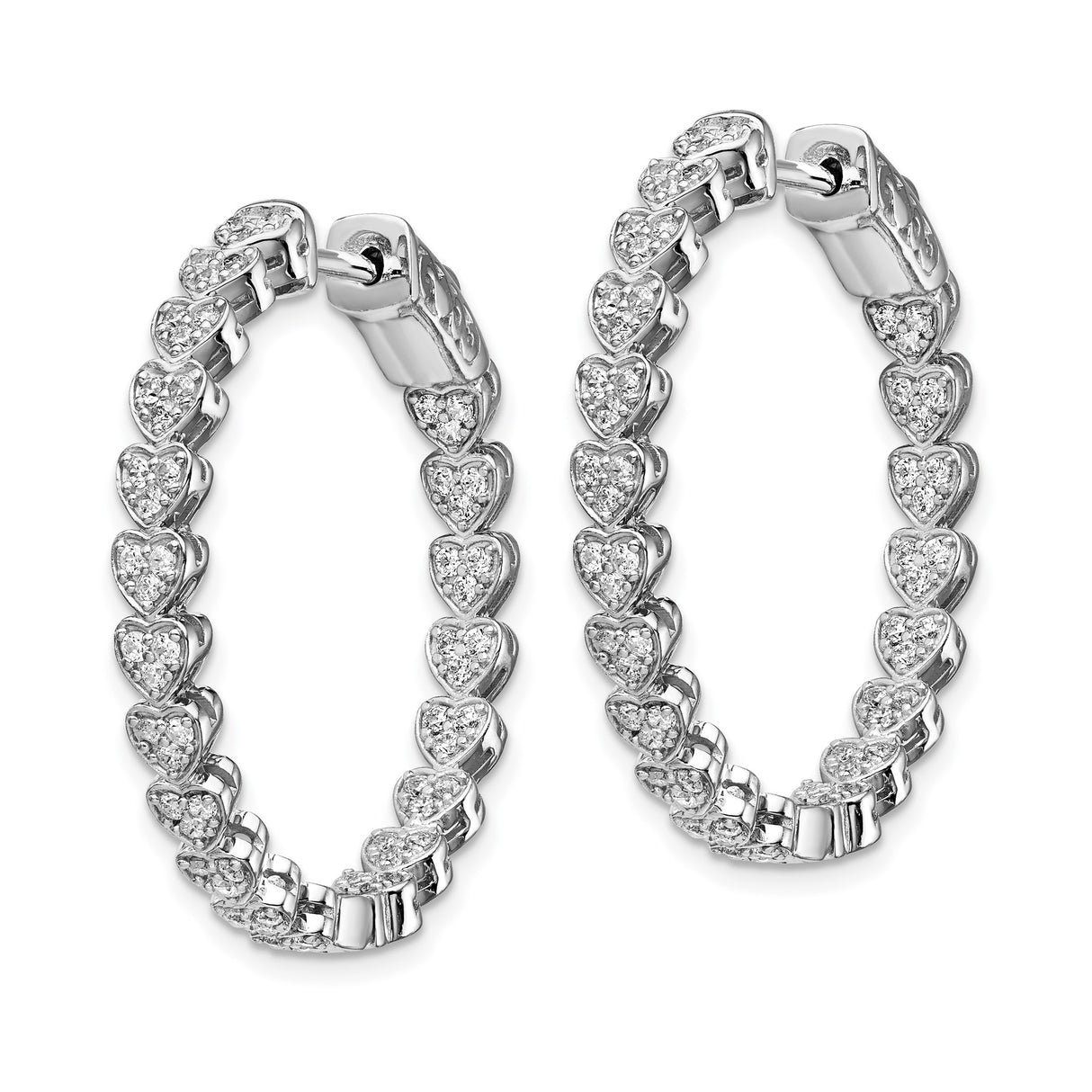 Sterling Silver Hoop Earrings with Cubic Zirconia, Heart Design, Polished Finish