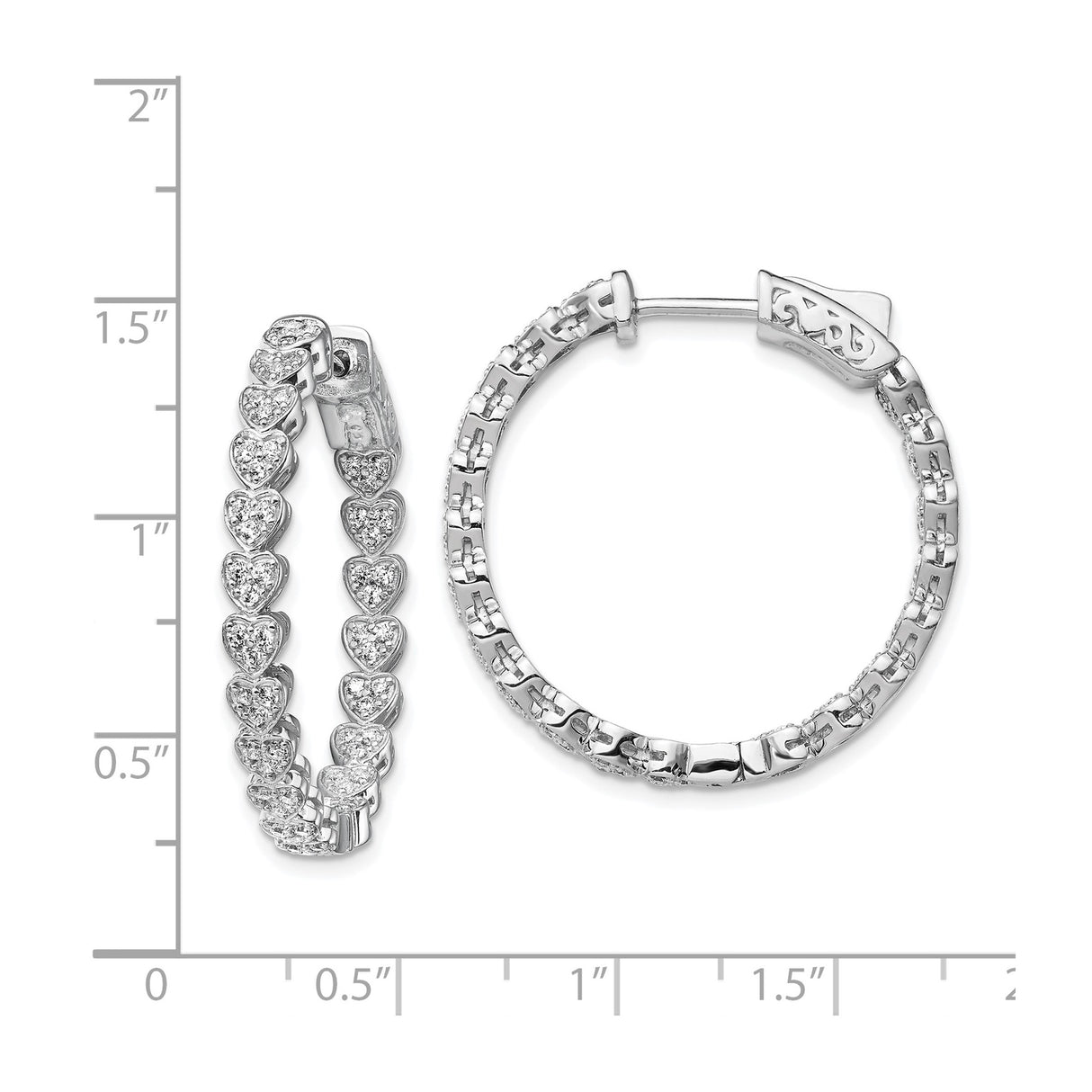Sterling Silver Hoop Earrings with Cubic Zirconia, Heart Design, Polished Finish